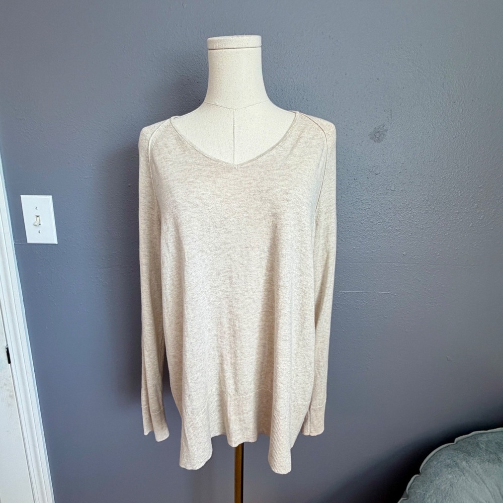 J. Jill Silk Cotton Blend V-Neck Sweater Oatmeal Heather Beige Women's Medium